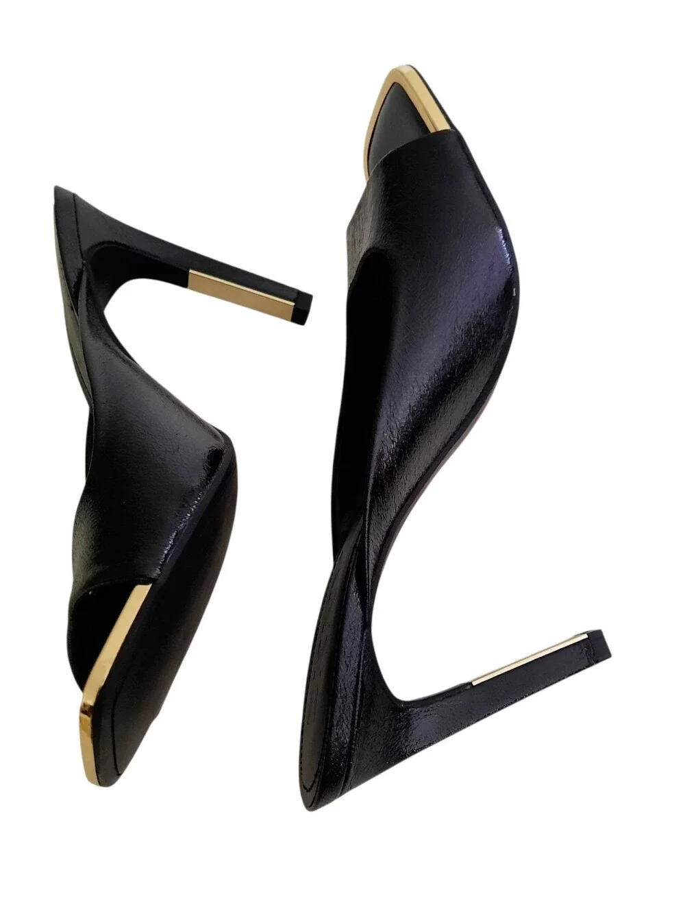 New DKNY Arleen Black Vegan Leather Open-Toe High Heel Mules w/Gold Trim Sz 10M